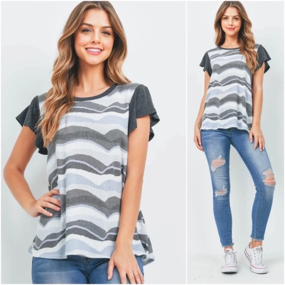 New Womens Soft Light Ribbed Basic Flutter Sleeve SPRING Blouse Top - Picture 2 of 5